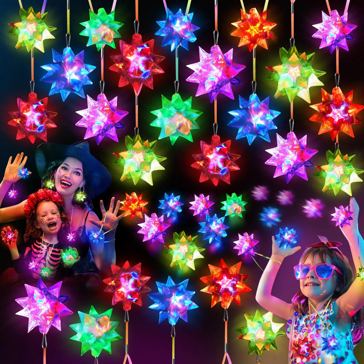 HONLYNE48 PCS Flashing Crystal Star Necklaces Glow Necklaces Bulk Light up Party Favors LED Glow in The Dark Necklaces for Kids Adults Birthday Glow Party Rave Halloween Goodie Bags Filler - Lootquake