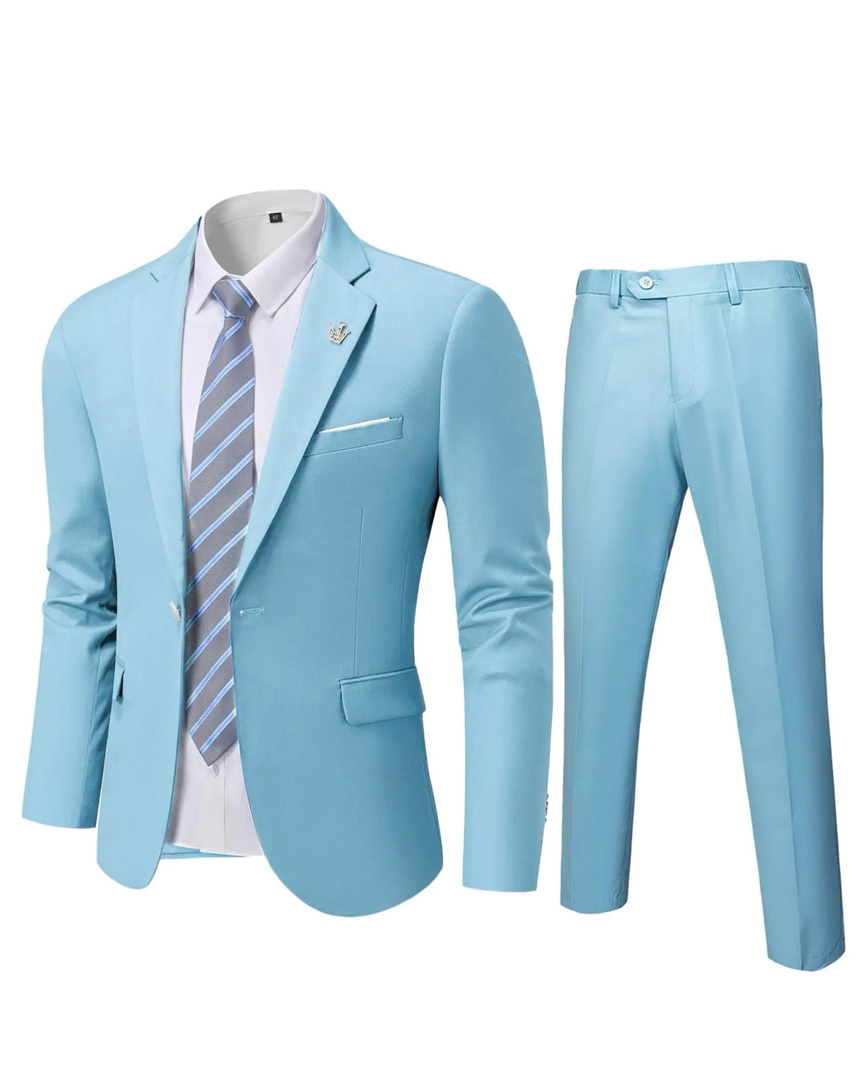 YND Mens Slim Fit 2 Piece Suit One Button Jacket Pants Set with Tie Solid Party Wedding Dress Blazer Tux Trousers Sky Blue - Lootquake