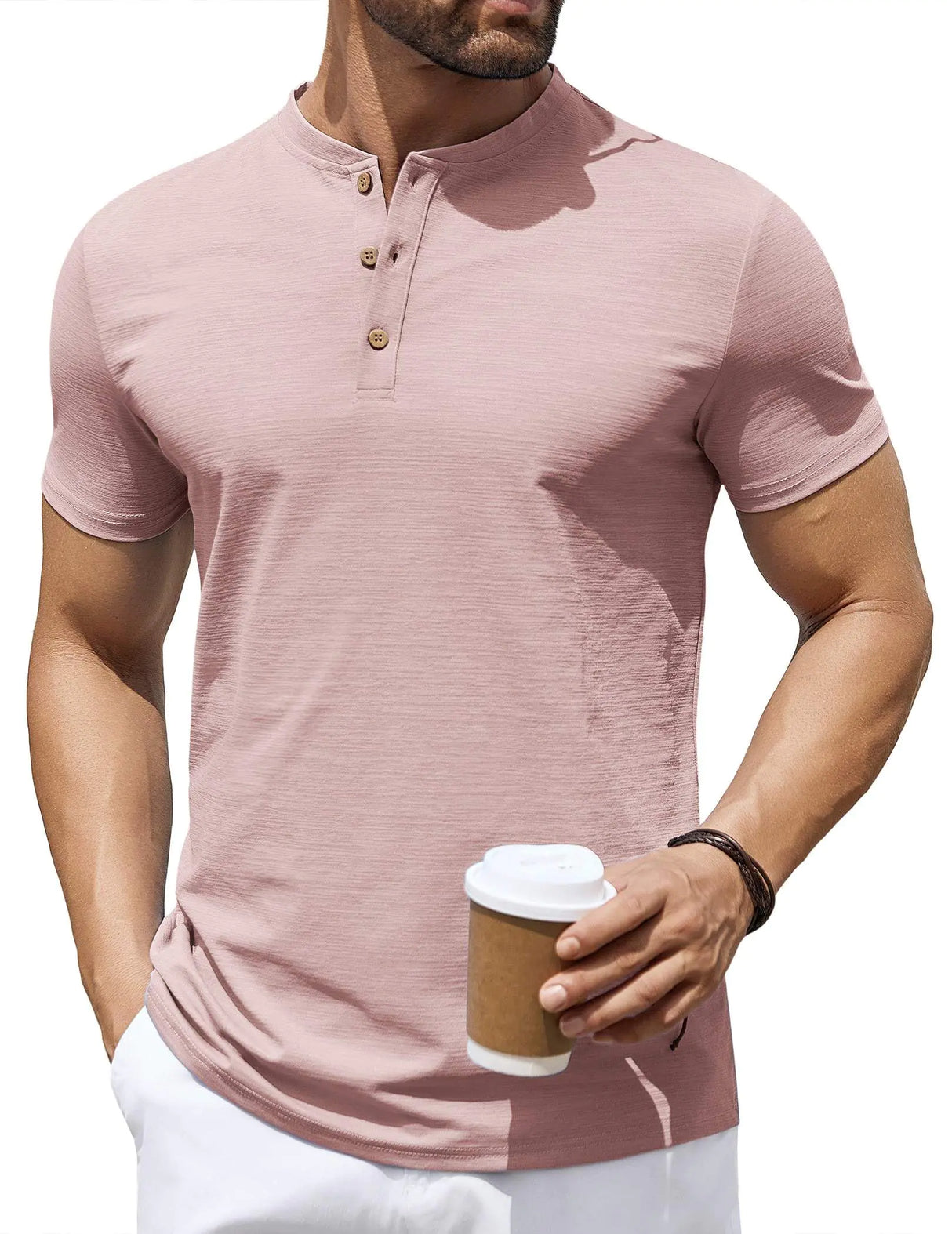 COOFANDY Mens Stretch T Shirts Short Sleeve Casual Henley Shirts Novelty Button Down Shirts Pink - Lootquake