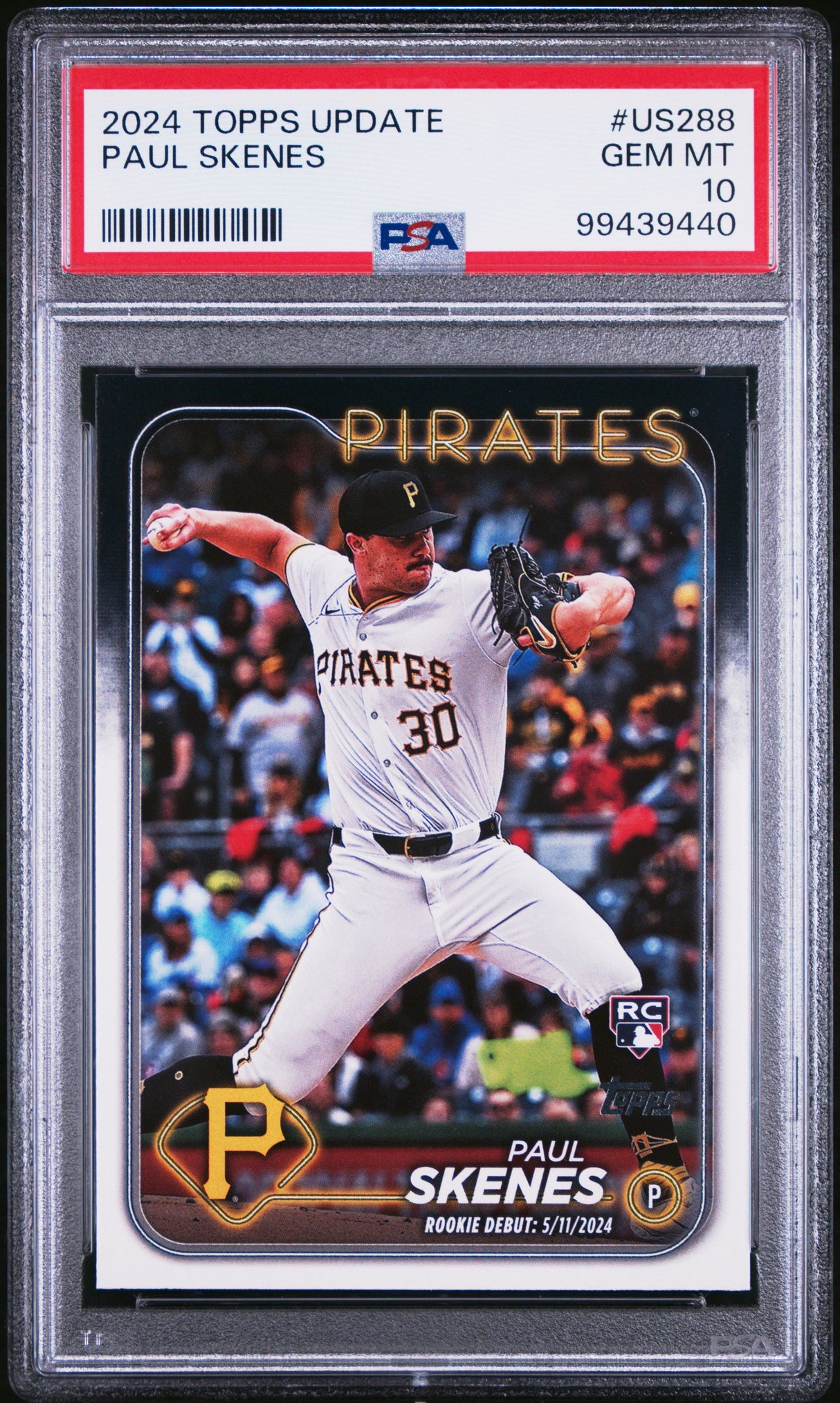 Tarjeta de béisbol de novato Paul Skenes #US288 RC, actualización Topps 2024, PSA 10 Gem Mint