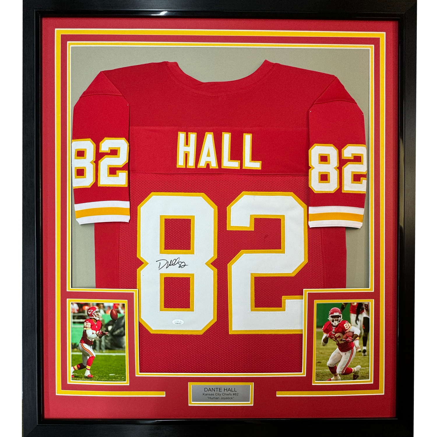 Camiseta de fútbol americano Kansas City Red de 35 x 39, enmarcada, autografiada y firmada por Dante Hall. PSA/CÓDIGO DE ADN.