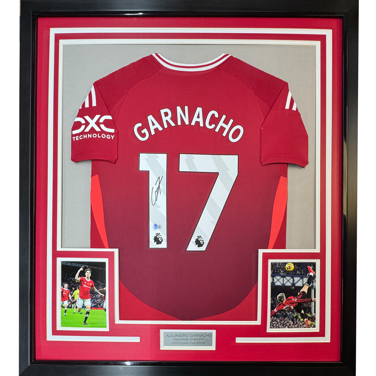 Framed Autographed/Signed Alejandro Garnacho 35x39 Manchester United Red Soccer Jersey Beckett BAS COA #3
