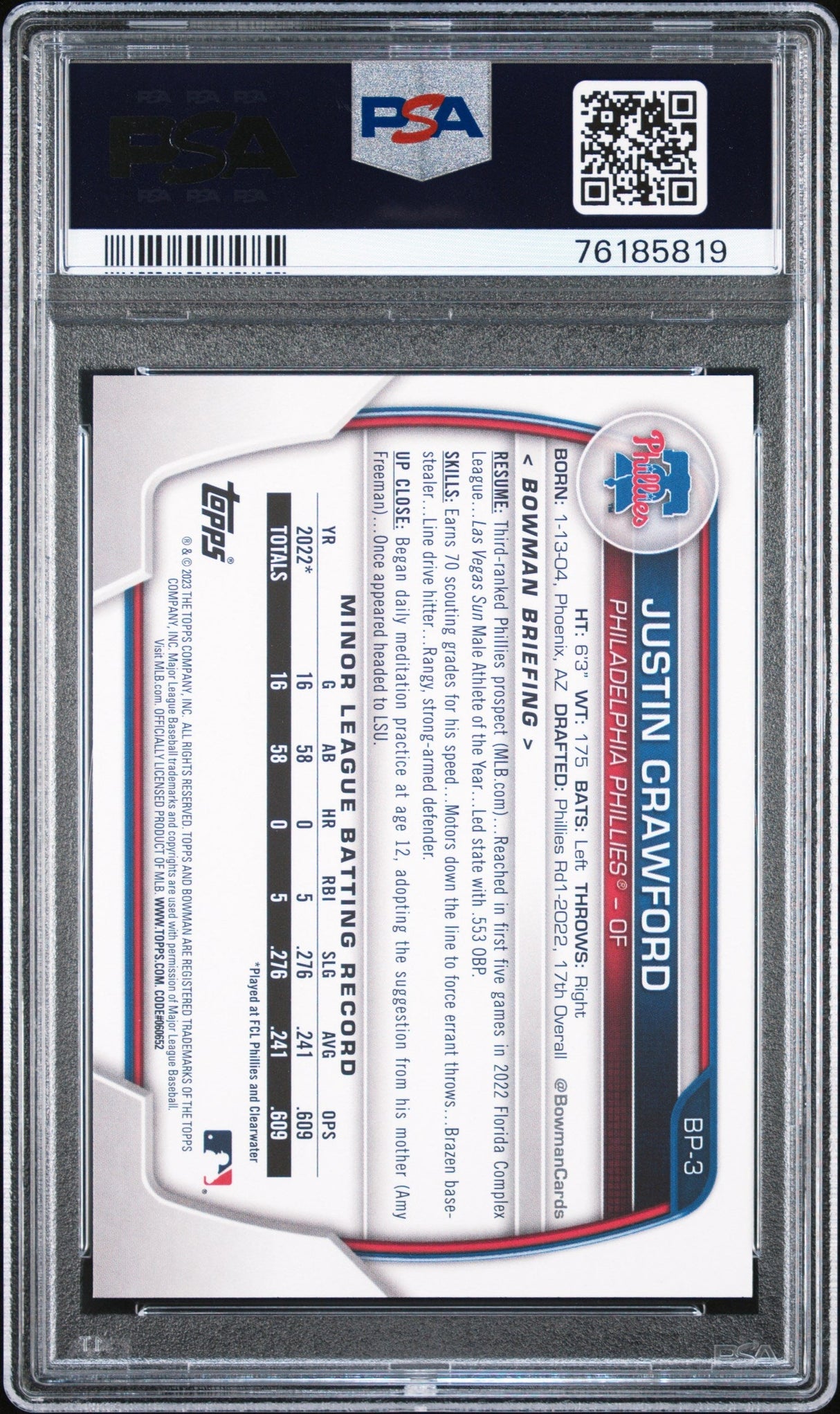 Graded 2023 Topps Bowman Justin Crawford #BP3 Paper Prospects Rookie RC Baseball Card PSA 10 Gem Mint