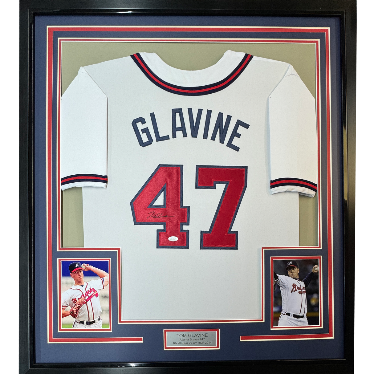 Camiseta de béisbol blanca de Atlanta, enmarcada, autografiada y firmada por Tom Glavine, 35 x 39, JSA COA