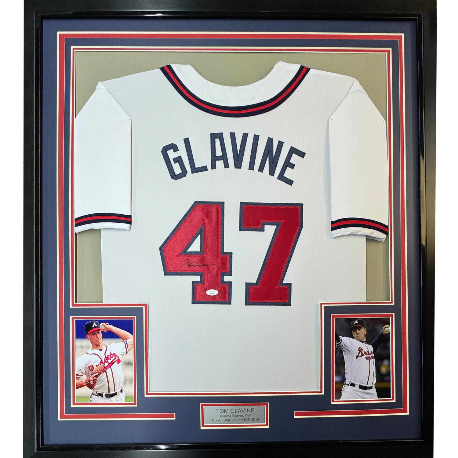 Camiseta de béisbol blanca de Atlanta, enmarcada, autografiada y firmada por Tom Glavine, 35 x 39, JSA COA