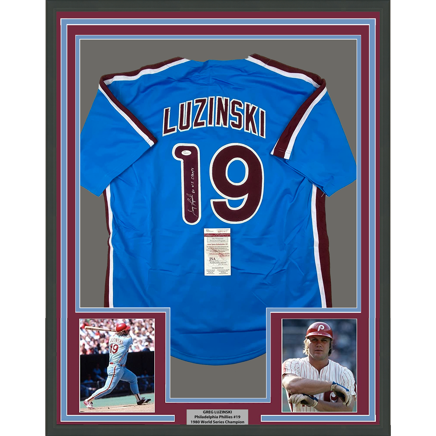 Camiseta de béisbol retro azul de Filadelfia, enmarcada, autografiada y firmada por Greg Luzinski, 35 x 39, 80 WS Champs, JSA COA