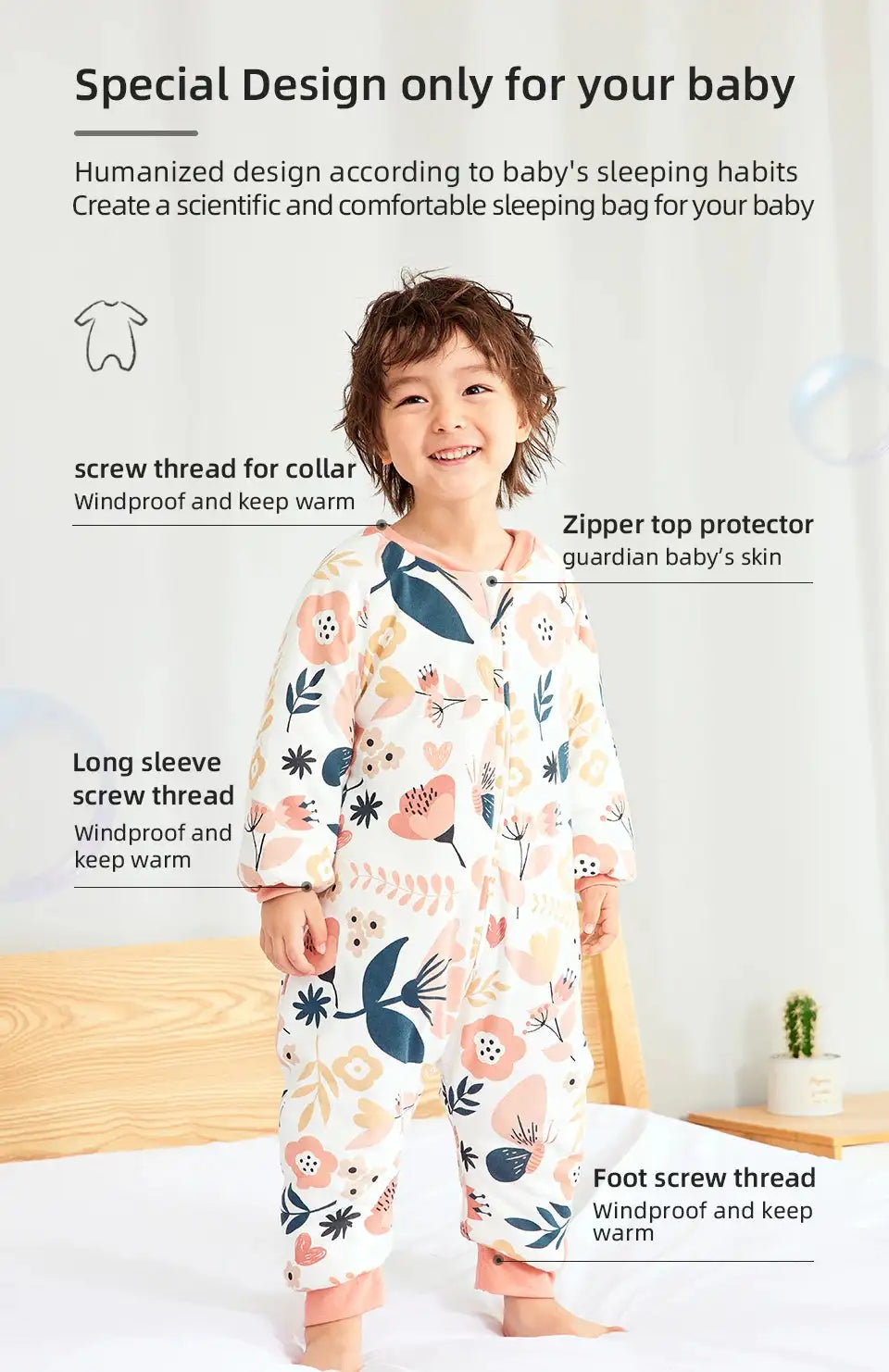 Baby Sleeping Bag Cute Flowers Print Toddler Sleepwear Walk Play Pajamas 2.5Tog Thick Winter Keep Warm Sleepsack 1-4 Years - Lootquake