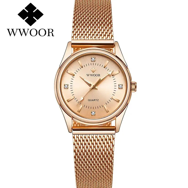 WWOOR 2023 Casual Women Dress Rose Gold Mesh Belt Fashion Diamonds Wristwatch Waterproof Simple Female Quartz Watch Reloj Mujer - Lootquake