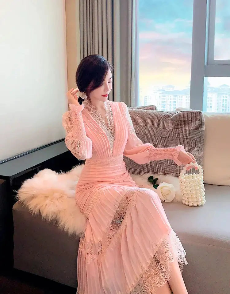 JSXDHK Fashion Runway Women Pleated Party Dress Spring Sexy V Neck Lantern Sleeve Chiffon Patchwork Lace Bodycon Slim Long Dress - Lootquake