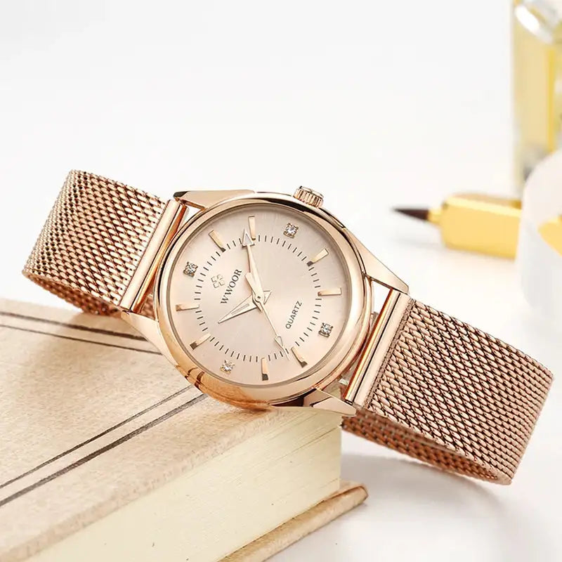 WWOOR 2023 Casual Women Dress Rose Gold Mesh Belt Fashion Diamonds Wristwatch Waterproof Simple Female Quartz Watch Reloj Mujer - Lootquake