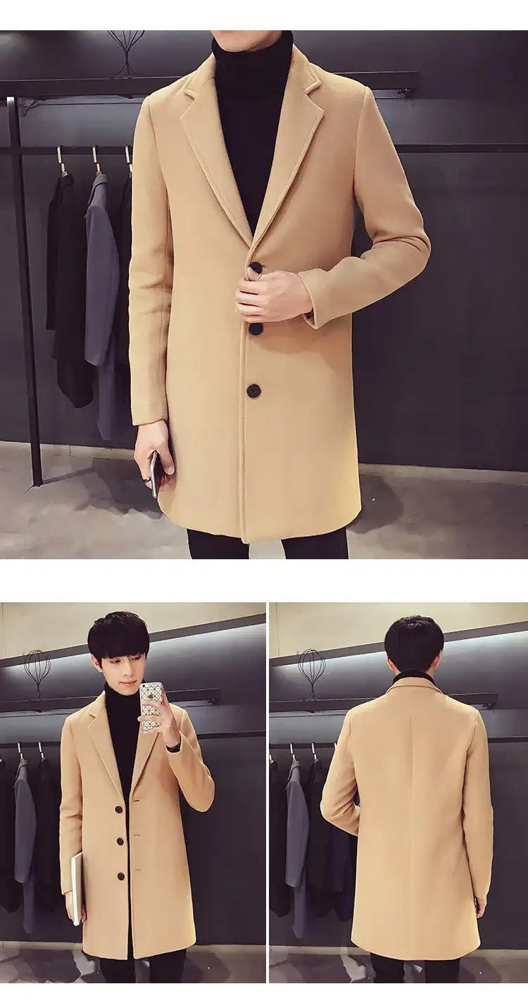 2024 Spring Autumn New Long Cotton Coat New Wool Blend Pure Color Casual Business Fashion Men's Clothing Slim Windbreaker Jacket - Lootquake