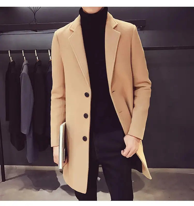 2024 Spring Autumn New Long Cotton Coat New Wool Blend Pure Color Casual Business Fashion Men's Clothing Slim Windbreaker Jacket - Lootquake