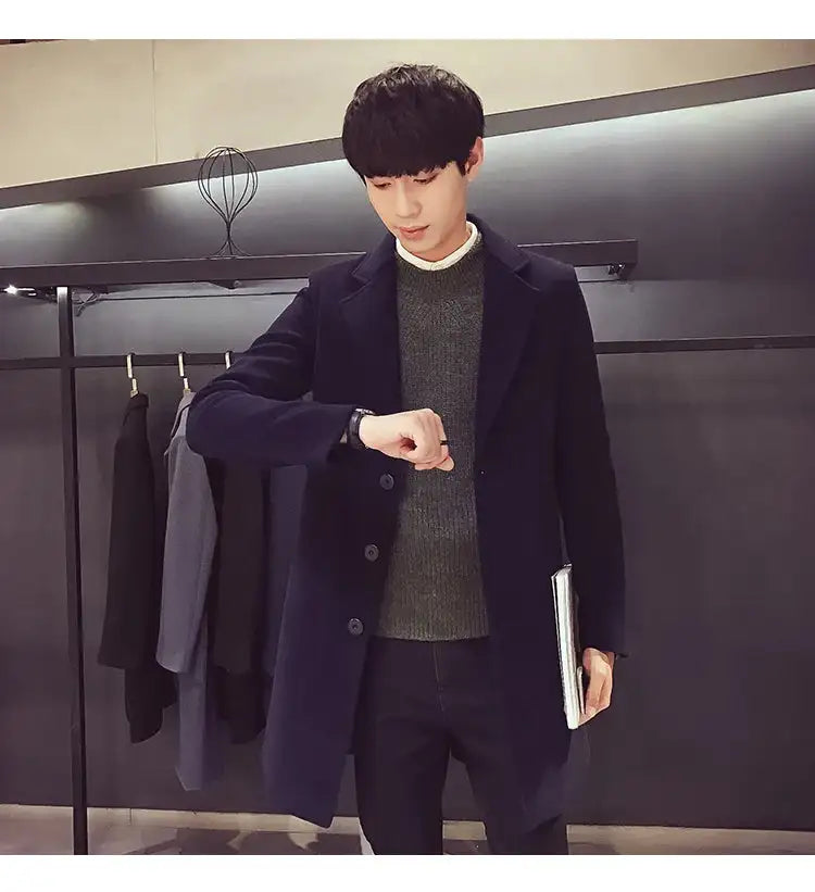 2024 Spring Autumn New Long Cotton Coat New Wool Blend Pure Color Casual Business Fashion Men's Clothing Slim Windbreaker Jacket - Lootquake