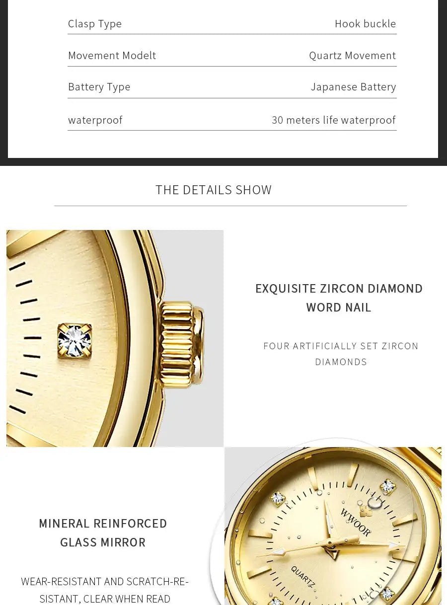 WWOOR 2023 Casual Women Dress Rose Gold Mesh Belt Fashion Diamonds Wristwatch Waterproof Simple Female Quartz Watch Reloj Mujer - Lootquake