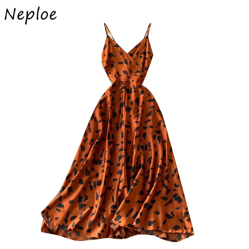 Neploe Vintage Print Holiday Long Dress Women High Waist Hip A Line Vestidos Summer 2025 New V Neck Sleeveless Camis Robe Slim - Lootquake
