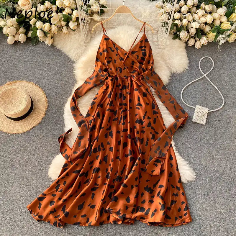 Neploe Vintage Print Holiday Long Dress Women High Waist Hip A Line Vestidos Summer 2025 New V Neck Sleeveless Camis Robe Slim - Lootquake