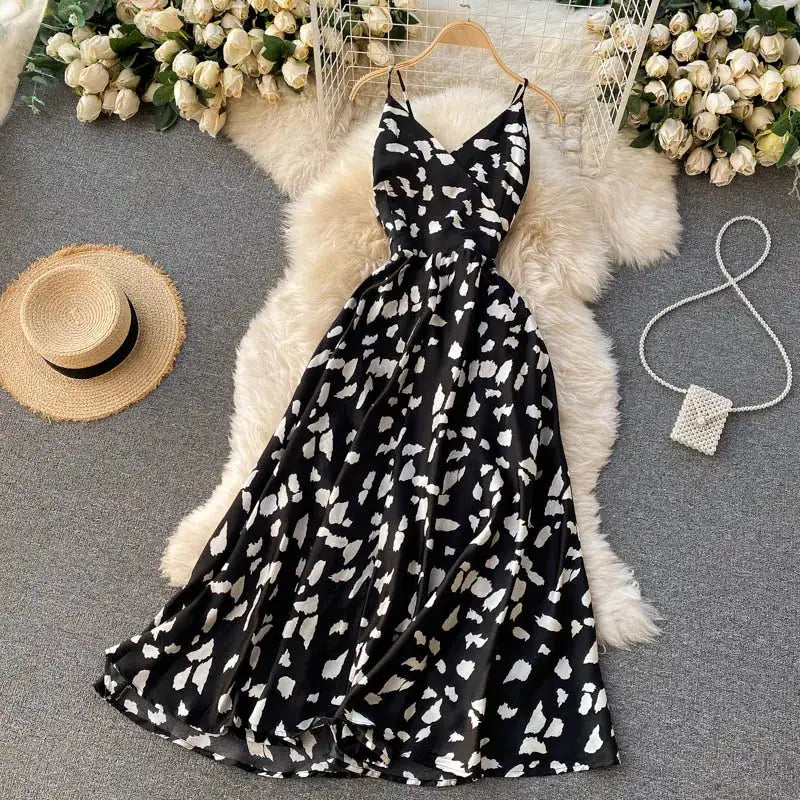 Neploe Vintage Print Holiday Long Dress Women High Waist Hip A Line Vestidos Summer 2025 New V Neck Sleeveless Camis Robe Slim - Lootquake