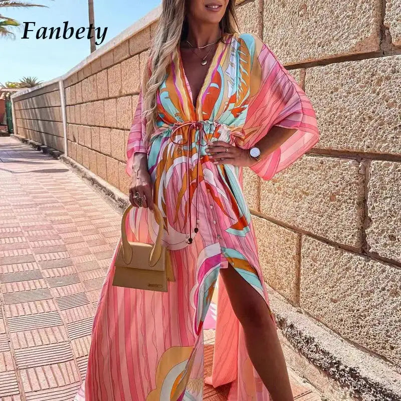2023 Women Gorgeous Boho Print Maxi Beach Dress Summer Deep V Slit Elastic Waist Party Dress Elegant Holiday Long Dress Vestidos - Lootquake
