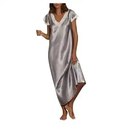 Women Summer Silk Sleepwear Short Sleeve V Neck Homewear Long Dress Nightgowns Sleepwear Sleep Tos Night Dress Underwear - Lootquake