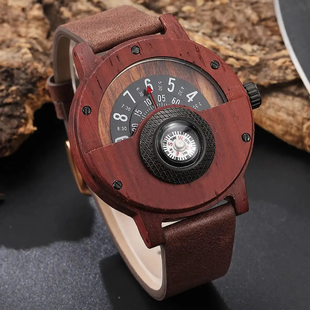 Natural Wood Watch Men Turntable Compass Dial Real Walnut Ebony Bamboo Wooden Watches Male Brown Concept Clock Quartz Wristwatch - Lootquake