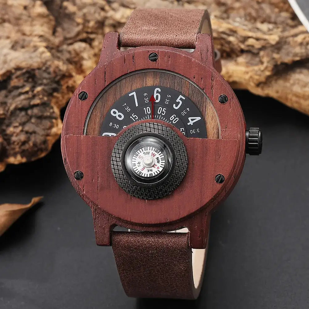 Natural Wood Watch Men Turntable Compass Dial Real Walnut Ebony Bamboo Wooden Watches Male Brown Concept Clock Quartz Wristwatch - Lootquake
