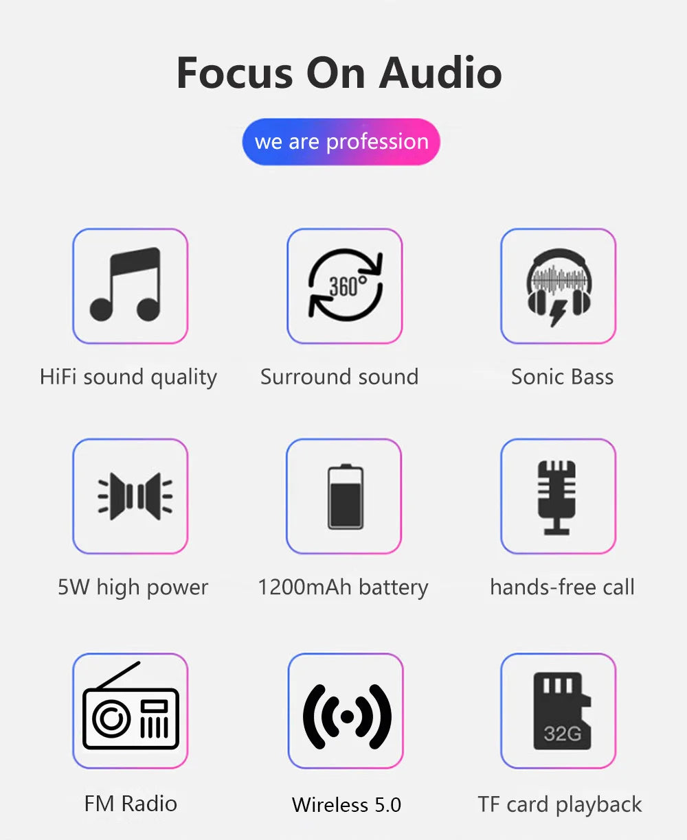 Enceinte Bluetooth portable, boîte à musique sans fil avec radio FM, caisson de basses extérieur, prise en charge de la carte TF, lecture USB, récepteur FM