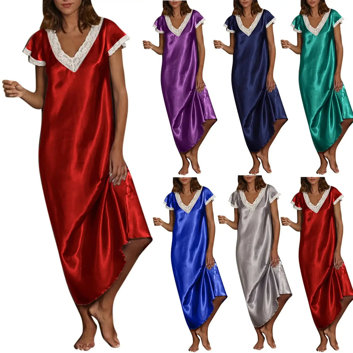 Women Summer Silk Sleepwear Short Sleeve V Neck Homewear Long Dress Nightgowns Sleepwear Sleep Tos Night Dress Underwear - Lootquake