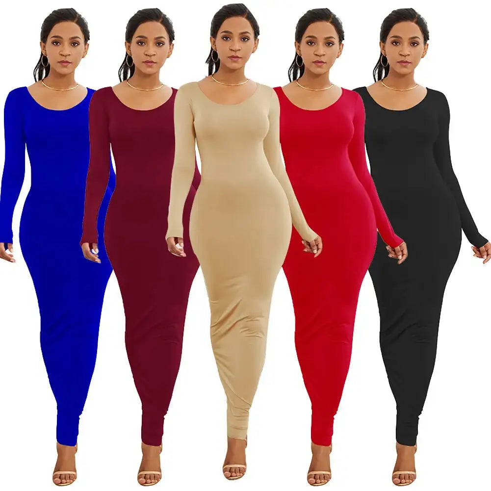 HOT SALES!!! Spring Autumn Sexy Long Dress Women Long Sleeve Round Neck Bodycon Maxi Dress evening party Dress - Lootquake