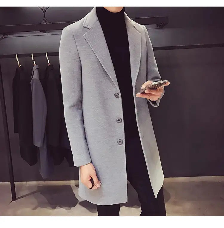 2024 Spring Autumn New Long Cotton Coat New Wool Blend Pure Color Casual Business Fashion Men's Clothing Slim Windbreaker Jacket - Lootquake
