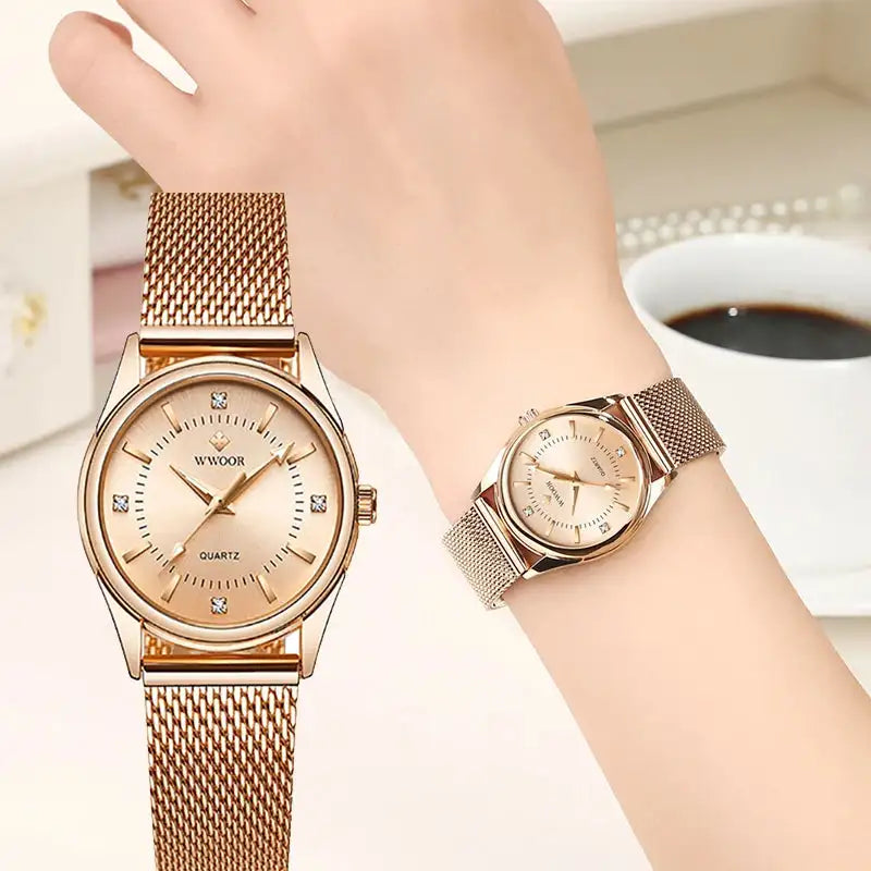 WWOOR 2023 Casual Women Dress Rose Gold Mesh Belt Fashion Diamonds Wristwatch Waterproof Simple Female Quartz Watch Reloj Mujer - Lootquake