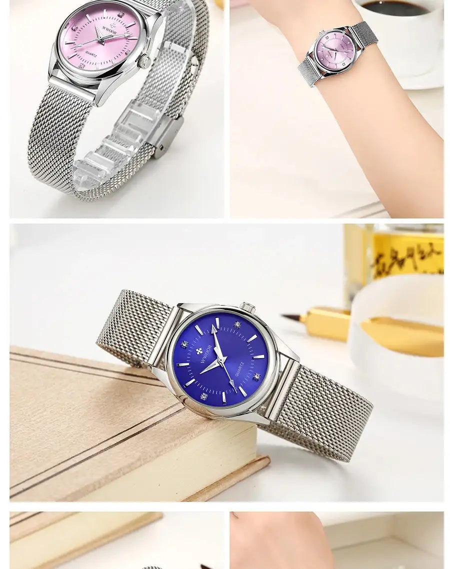 WWOOR 2023 Casual Women Dress Rose Gold Mesh Belt Fashion Diamonds Wristwatch Waterproof Simple Female Quartz Watch Reloj Mujer - Lootquake