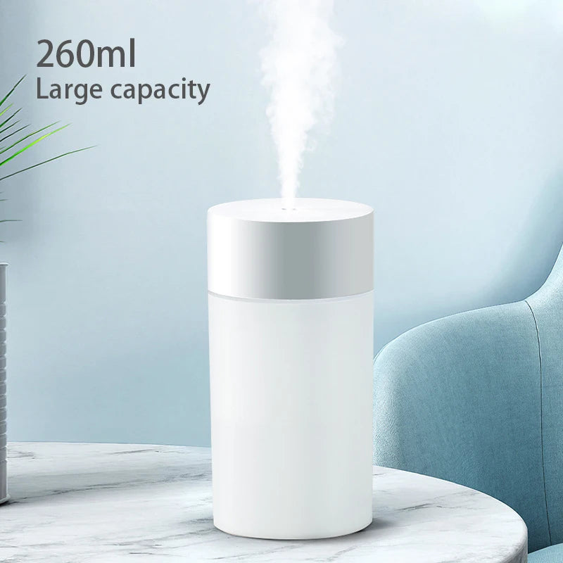 Mini humidificador USB de 260 ml, humidificador ultrasónico de aire, lámpara LED, difusor de aceites esenciales, purificador de coche, generador de niebla aniónica de aroma portátil.
