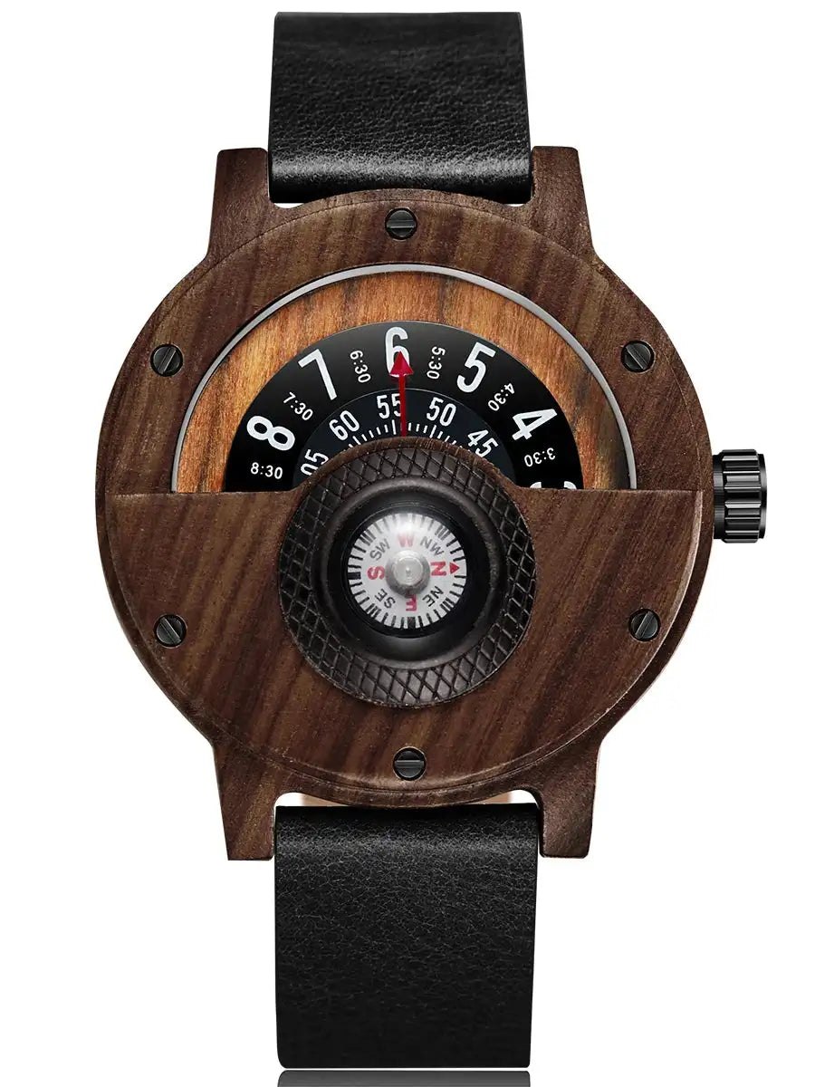 Natural Wood Watch Men Turntable Compass Dial Real Walnut Ebony Bamboo Wooden Watches Male Brown Concept Clock Quartz Wristwatch - Lootquake