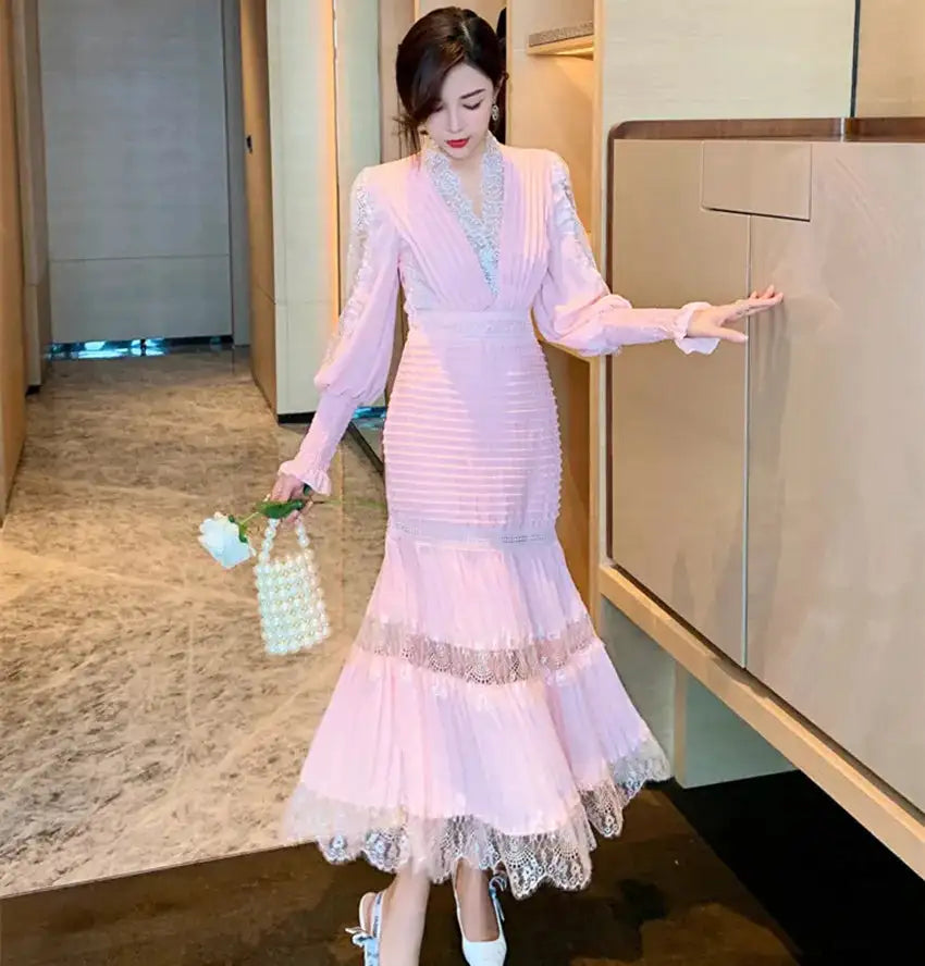 JSXDHK Fashion Runway Women Pleated Party Dress Spring Sexy V Neck Lantern Sleeve Chiffon Patchwork Lace Bodycon Slim Long Dress - Lootquake
