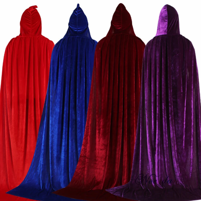 Adult Kids Halloween Velvet Cloak Cape Hooded Medieval Costume Witch Wicca Vampire Elf Purim Carnival Party