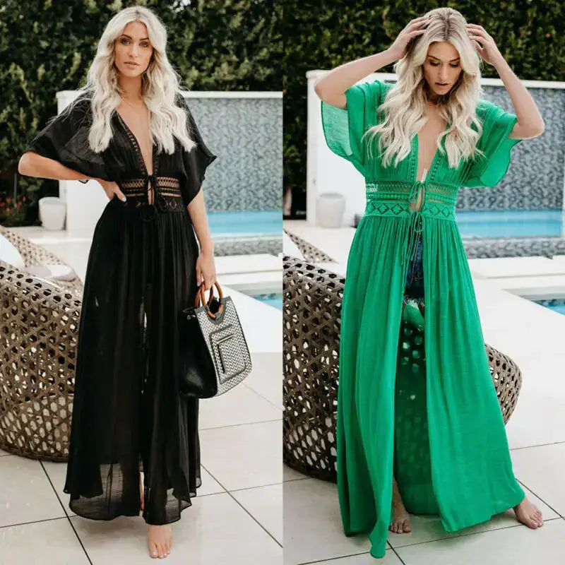 New 2020 Summer Women Lace Crochet Beach Cardigan Bikini Cover Up Wrap Beachwear Long Dress - Lootquake