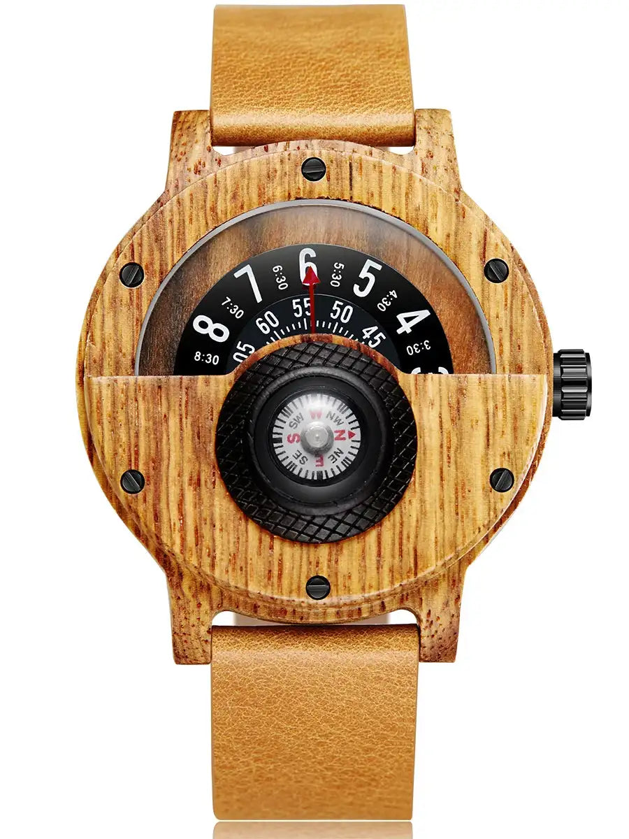 Natural Wood Watch Men Turntable Compass Dial Real Walnut Ebony Bamboo Wooden Watches Male Brown Concept Clock Quartz Wristwatch - Lootquake