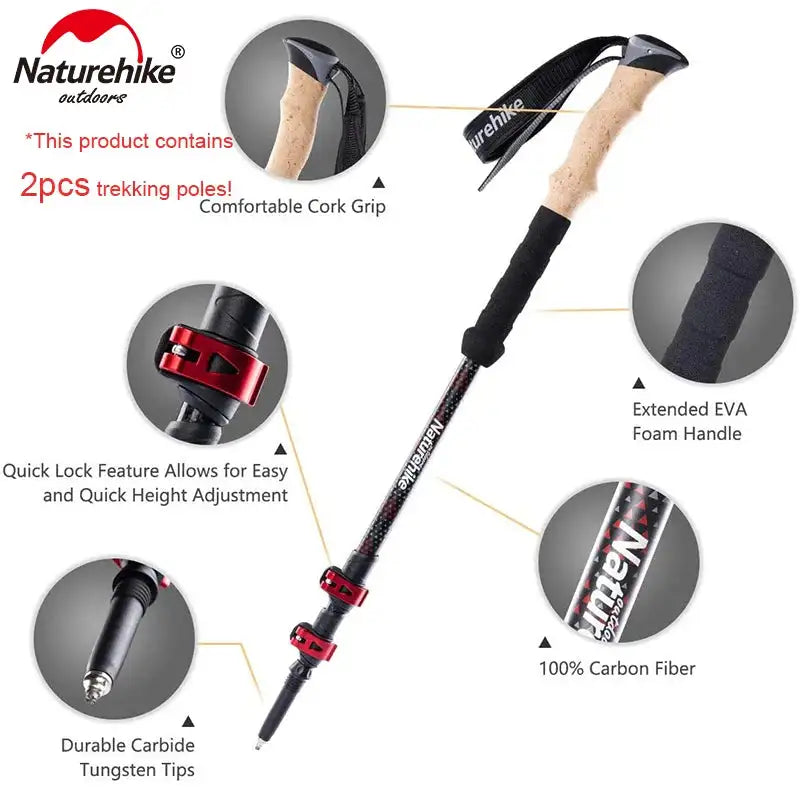 Naturehike Trekking Poles 2pcs Carbon Fiber Collapsible Telescopic Sticks Lightweight Walking Hiking Stick Climbing Stick - Lootquake