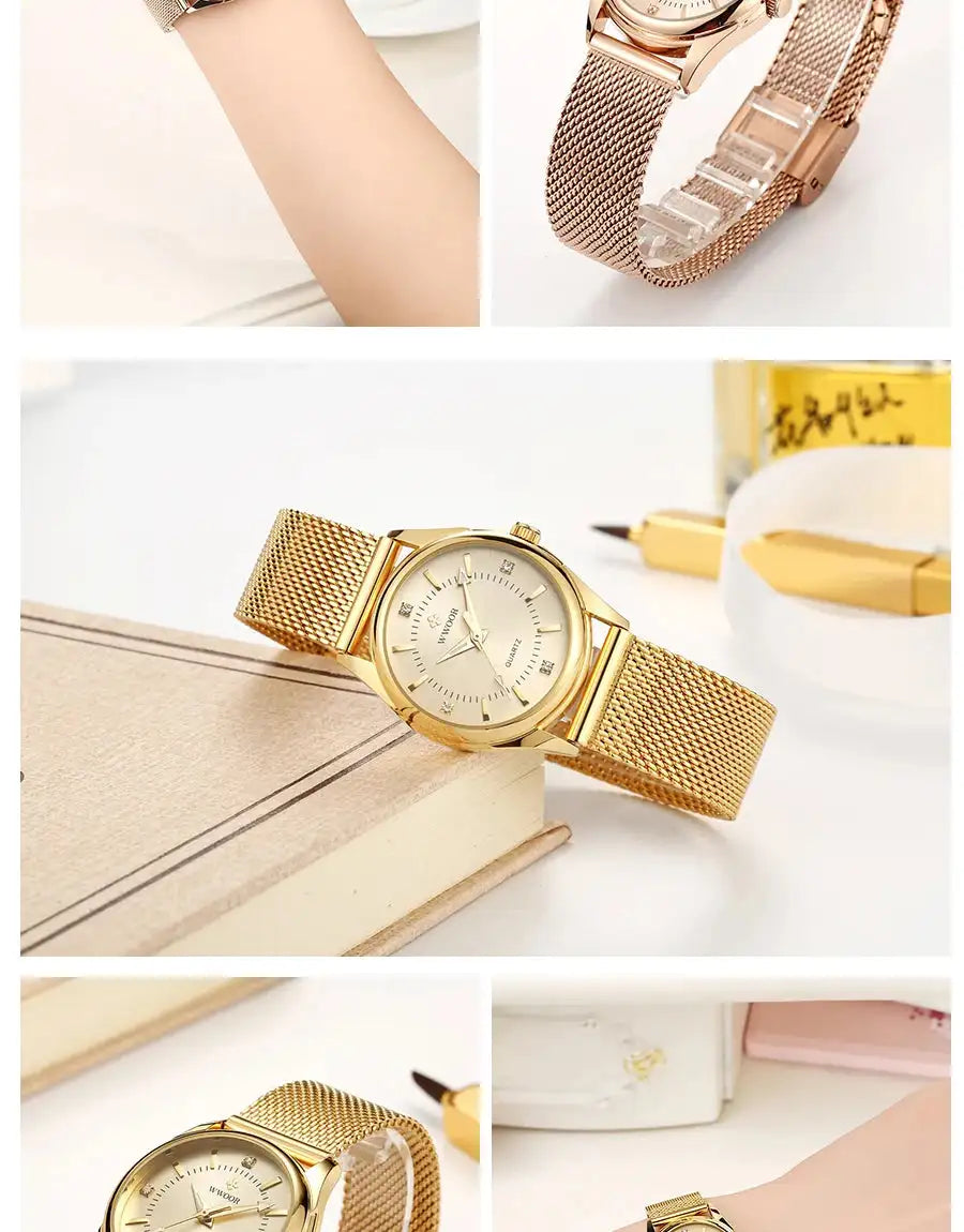 WWOOR 2023 Casual Women Dress Rose Gold Mesh Belt Fashion Diamonds Wristwatch Waterproof Simple Female Quartz Watch Reloj Mujer - Lootquake
