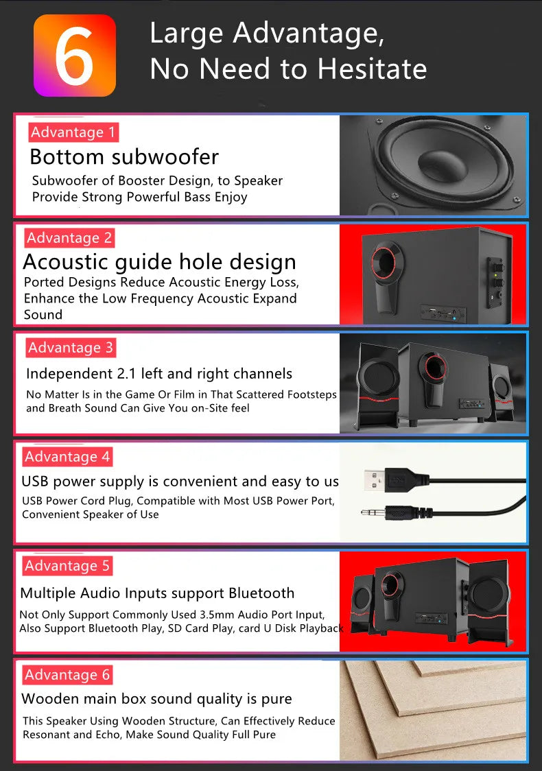 Sistema de audio multimedia Bluetooth 2.1 Cine en casa Sonido envolvente Combinación activa Altavoces de madera Cable auxiliar USB Poste TV PC