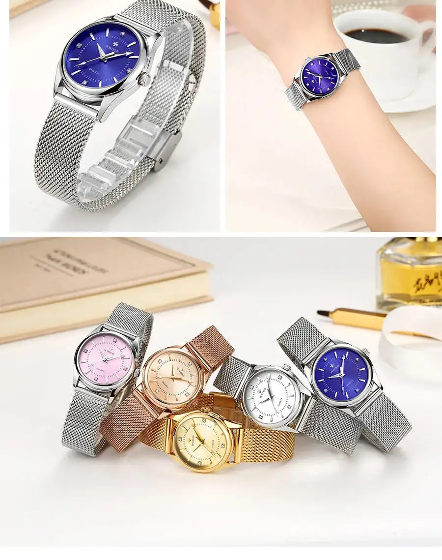 WWOOR 2023 Casual Women Dress Rose Gold Mesh Belt Fashion Diamonds Wristwatch Waterproof Simple Female Quartz Watch Reloj Mujer - Lootquake