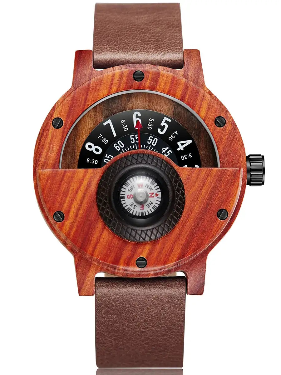 Natural Wood Watch Men Turntable Compass Dial Real Walnut Ebony Bamboo Wooden Watches Male Brown Concept Clock Quartz Wristwatch - Lootquake