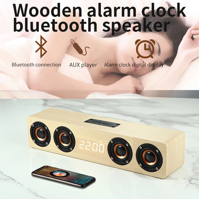 Altavoz Bluetooth de madera, portátil, inalámbrico, subwoofer, reloj, caja de sonido, ordenador de casa, barra de sonido de pared, estéreo HiFi, TF, AUX, disco U