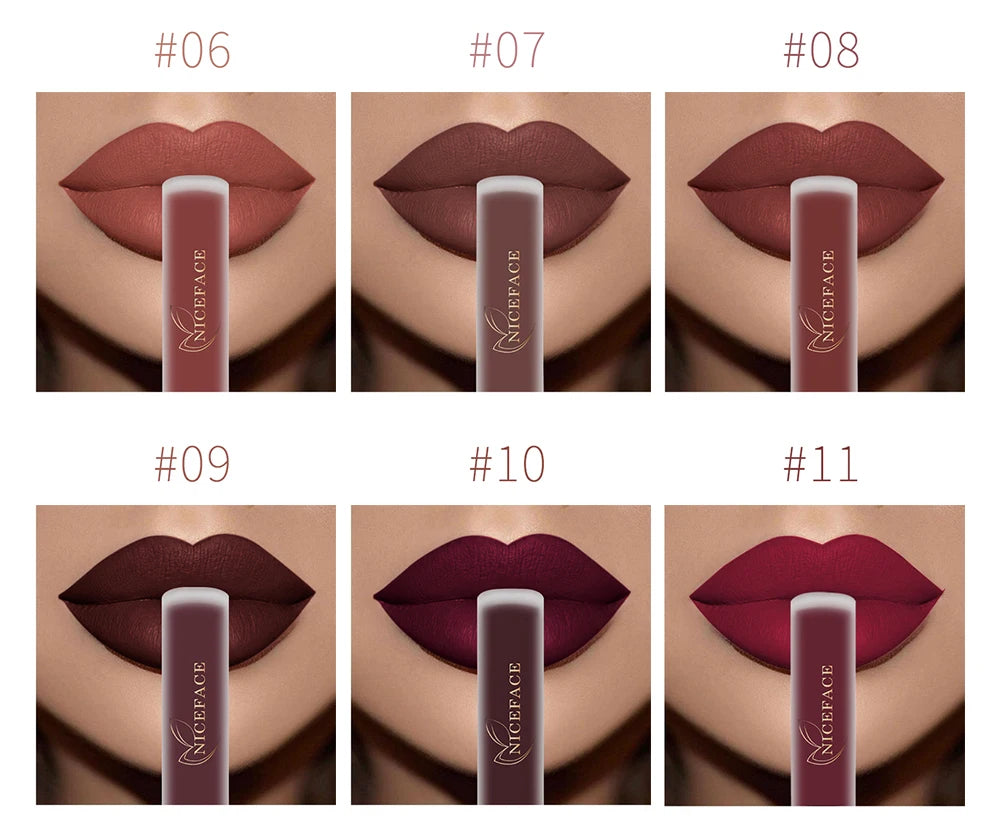 NICEFACE Lápiz labial líquido mate resistente al agua, brillo labial de larga duración, tinte sexy rojo nude morado metálico, lápices labiales, cosméticos de maquillaje