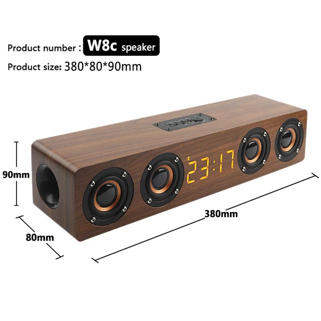 Altavoz Bluetooth de madera, portátil, inalámbrico, subwoofer, reloj, caja de sonido, ordenador de casa, barra de sonido de pared, estéreo HiFi, TF, AUX, disco U