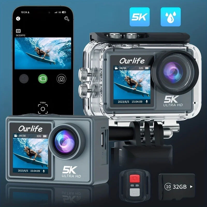 Mini caméra de sport Wi-Fi 50 MP, anti-tremblement, double écran 2 pouces, 5K Ultra HD 1080P, 120 ips, télécommande