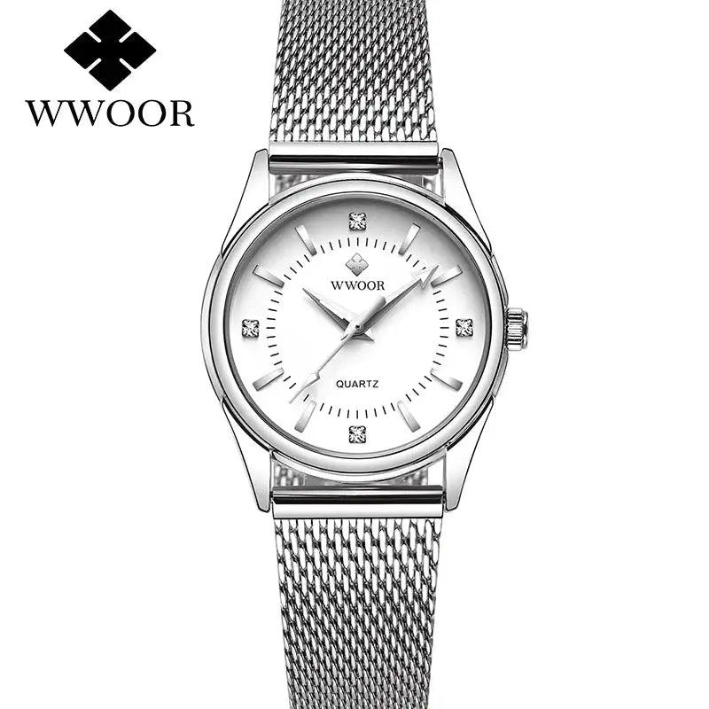 WWOOR 2023 Casual Women Dress Rose Gold Mesh Belt Fashion Diamonds Wristwatch Waterproof Simple Female Quartz Watch Reloj Mujer - Lootquake