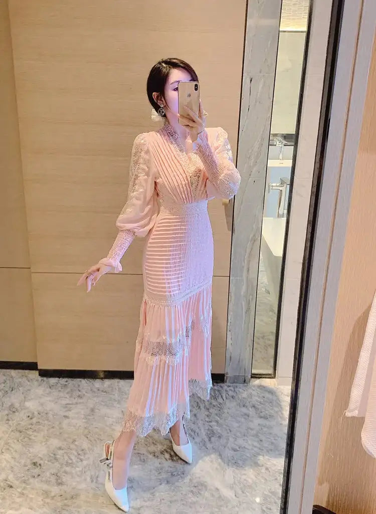 JSXDHK Fashion Runway Women Pleated Party Dress Spring Sexy V Neck Lantern Sleeve Chiffon Patchwork Lace Bodycon Slim Long Dress - Lootquake