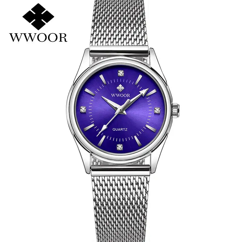 WWOOR 2023 Casual Women Dress Rose Gold Mesh Belt Fashion Diamonds Wristwatch Waterproof Simple Female Quartz Watch Reloj Mujer - Lootquake