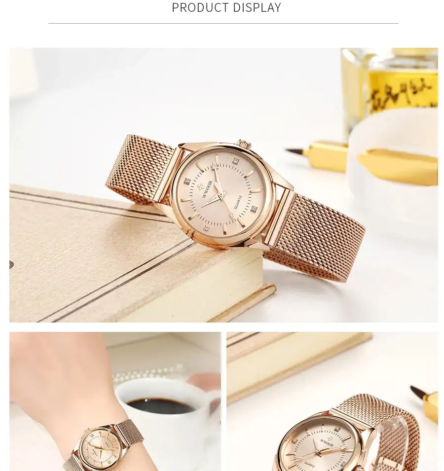 WWOOR 2023 Casual Women Dress Rose Gold Mesh Belt Fashion Diamonds Wristwatch Waterproof Simple Female Quartz Watch Reloj Mujer - Lootquake